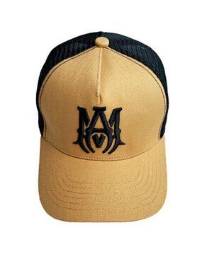 AMIRI Two-Tone Mustard and Black Mesh Logo Trucker Hat